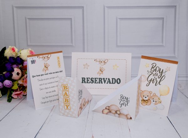 Kit Decorativo para Mesas de Convidados Chá Revelação Ursinho Marrom
