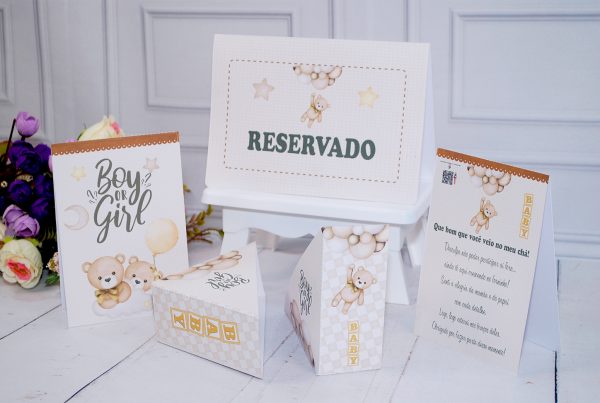 Kit Decorativo para Mesas de Convidados Chá Revelação Ursinho Marrom