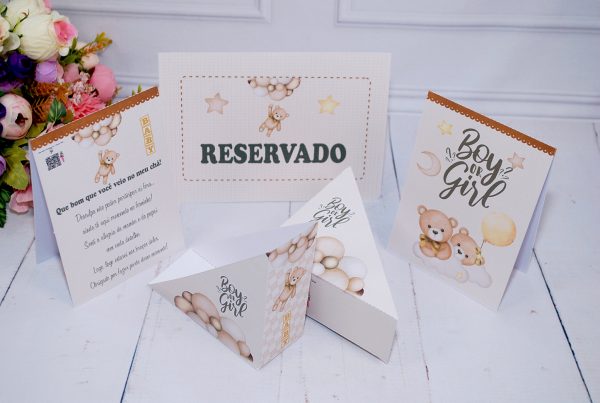 Kit Decorativo para Mesas de Convidados Chá Revelação Ursinho Marrom