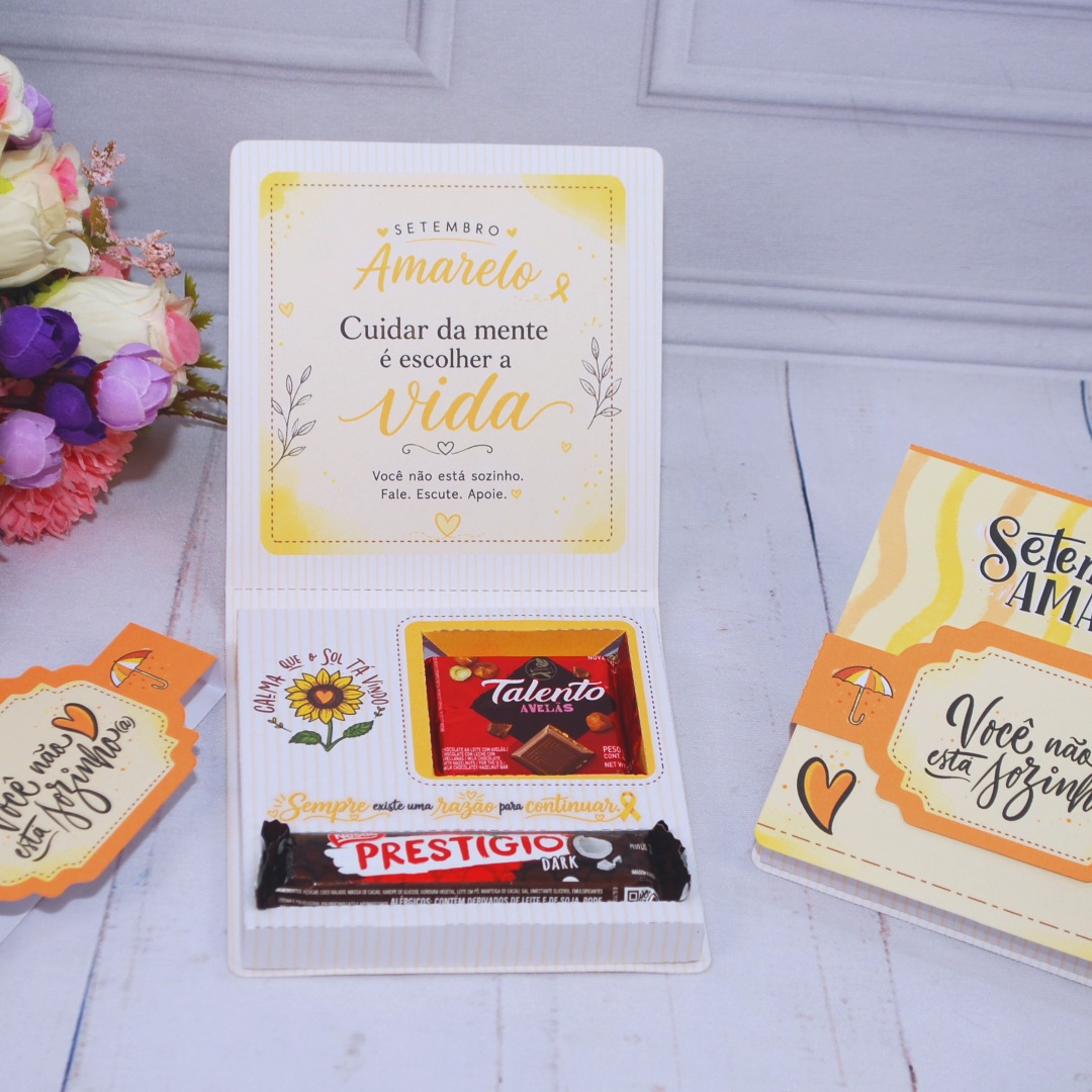 Caixinha Talento e Prestigio Setembro Amarelo com bracelete e card Voce nao esta sozinho