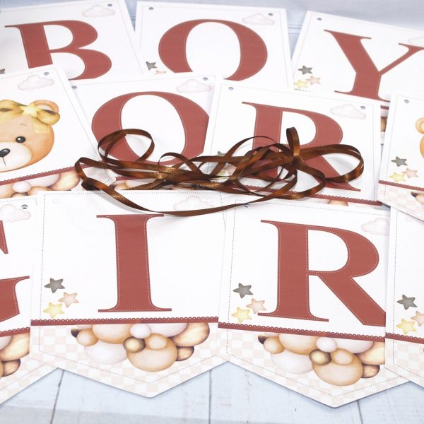 Chá Revelação Varal de Letras BOY OR GIRL Ursinho Marrom