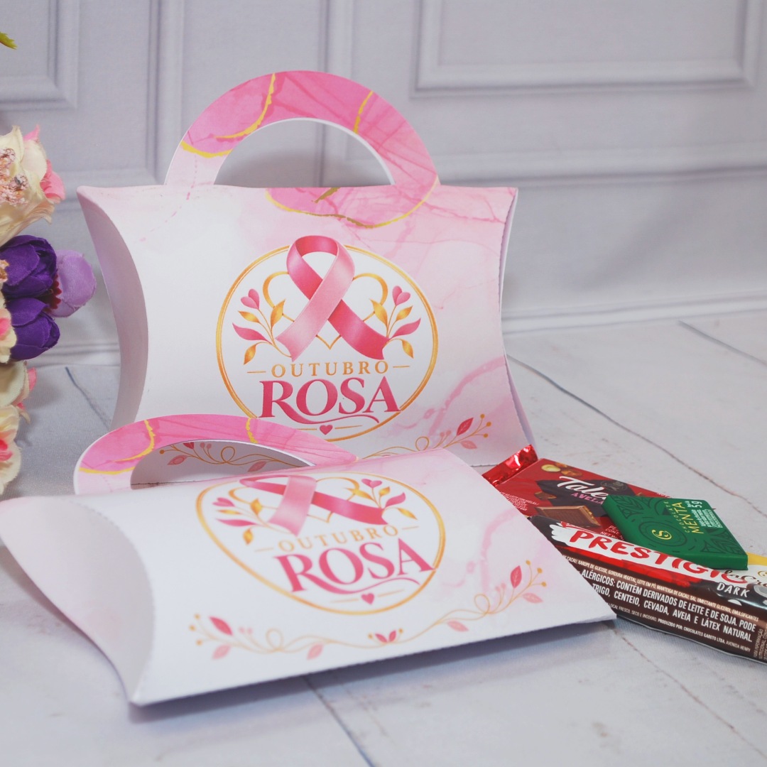 Outubro Rosa Caixa Almofadinha com Alça - Estampa Rosa Claro montada