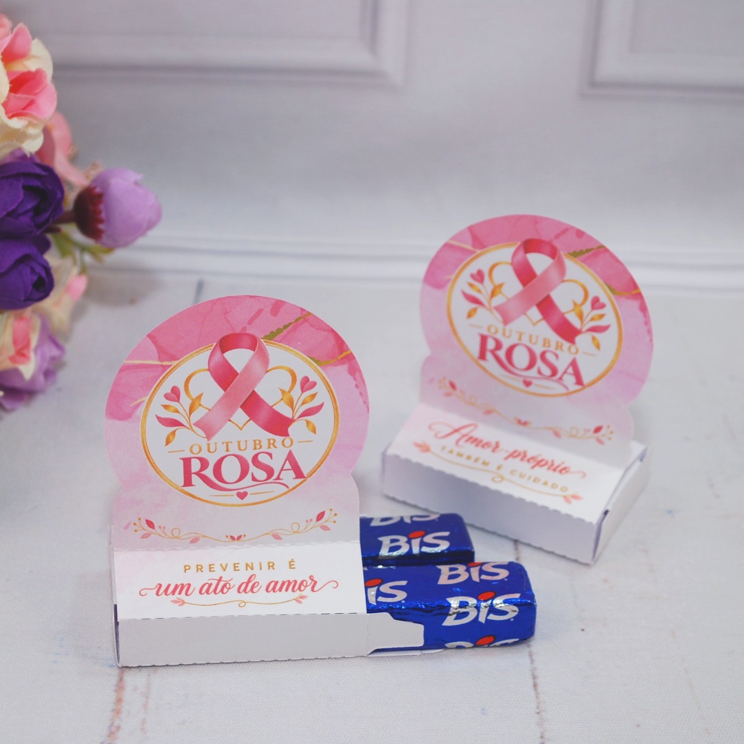Outubro Rosa Caixinha Porta Bis ou Chicletes - Estampa Rosa Claro montada