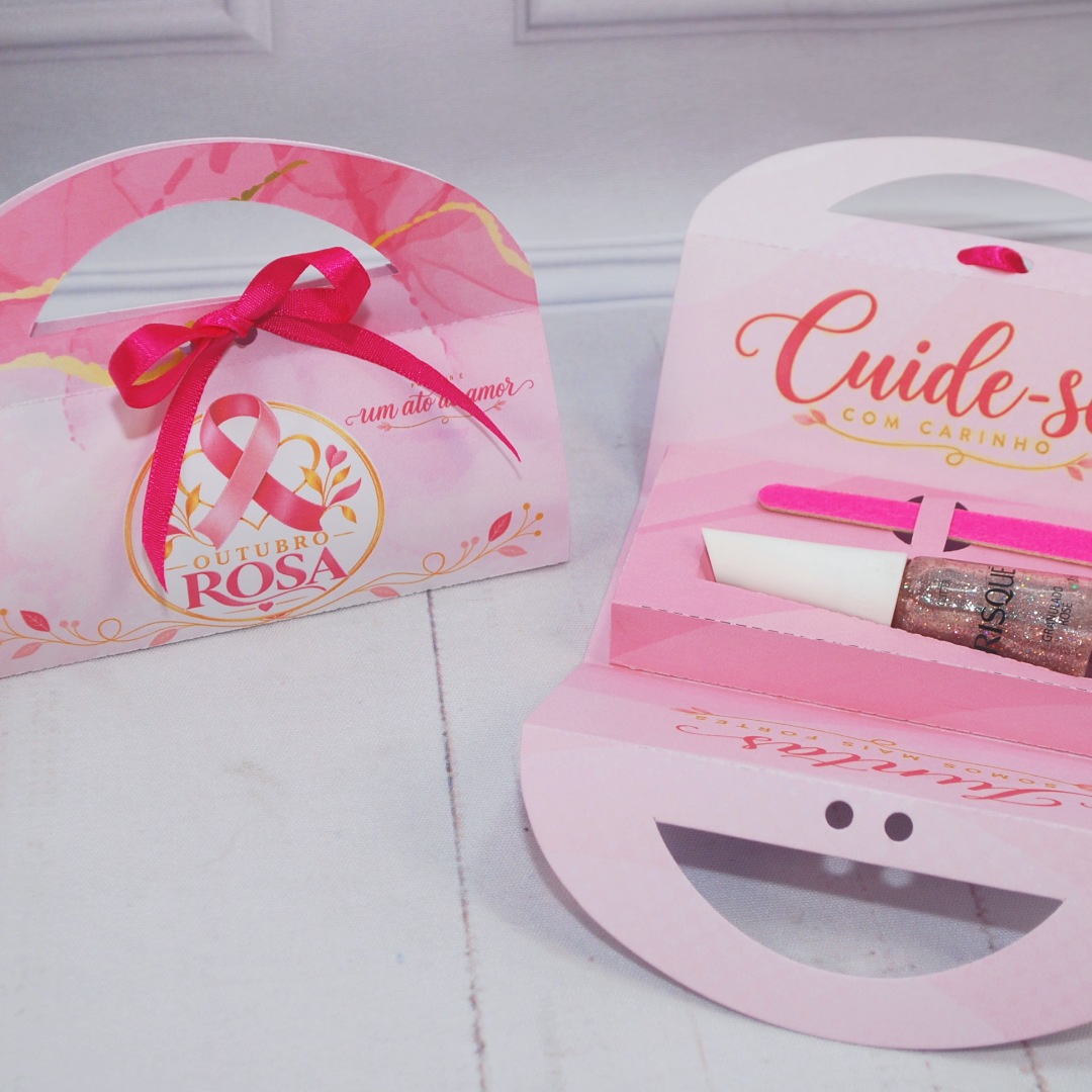 Bolsinha Porta Esmalte e Lixa Outubro Rosa - Estampa Rosa Claro montada