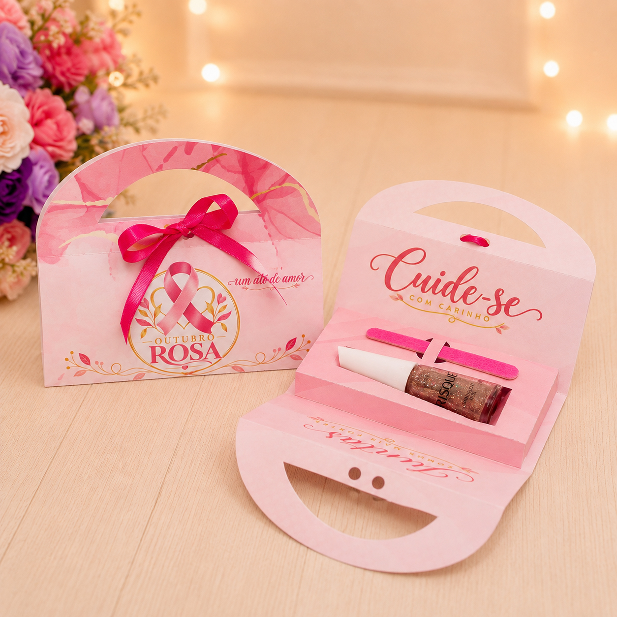 Bolsinha Porta Esmalte e Lixa Outubro Rosa - Estampa Rosa Claro