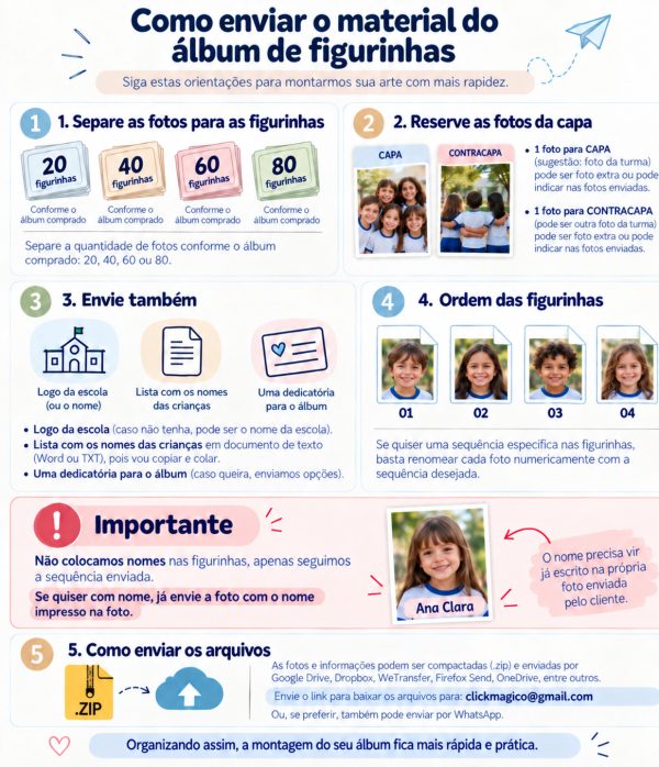 Álbum de Figurinhas Escolar com 80 Figurinhas para Recordação e Formatura Infantil