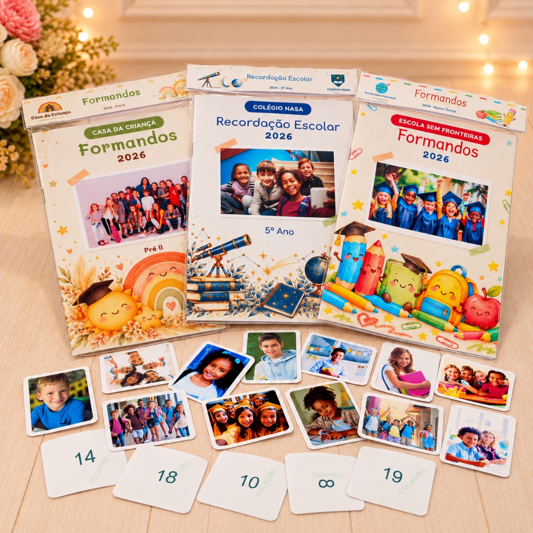 Álbuns de figurinhas personalizados de formatura e recordação escolar com figurinhas das crianças